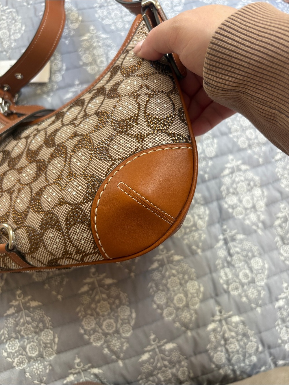 RARE NWT CRYSTAL Coach Brown Signature Canvas Hobo with Tan Leather Trim - Picture 7 of 8